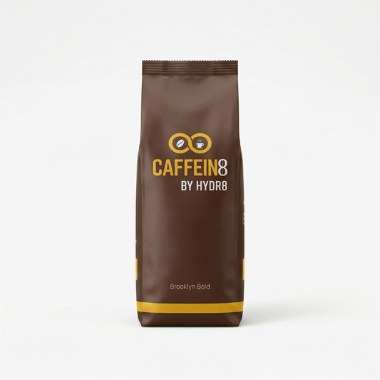 Caffein8 by Hydr8 Brooklyn Bold dark roast coffee bag on a white background