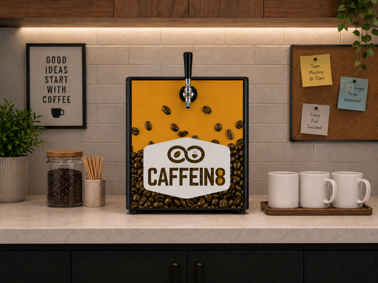 CAFFEIN8 coffee dispenser with black tap handle on a light countertop in an office breakroom, mugs and beans nearby