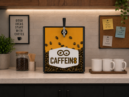 CAFFEIN8 coffee dispenser with black tap handle on a light countertop in an office breakroom, mugs and beans nearby