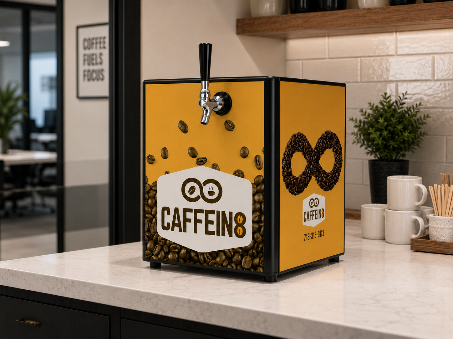 CAFFEIN8 coffee dispenser angled view showing front tap and side bean-infinity logo with phone number in a modern office