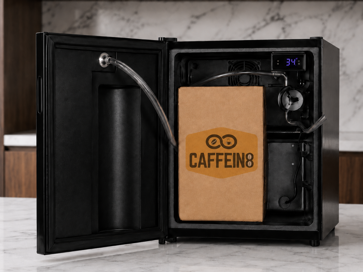 CAFFEIN8 coffee dispenser open showing kraft bag-in-box, tubing, and 34 degree digital temperature display inside