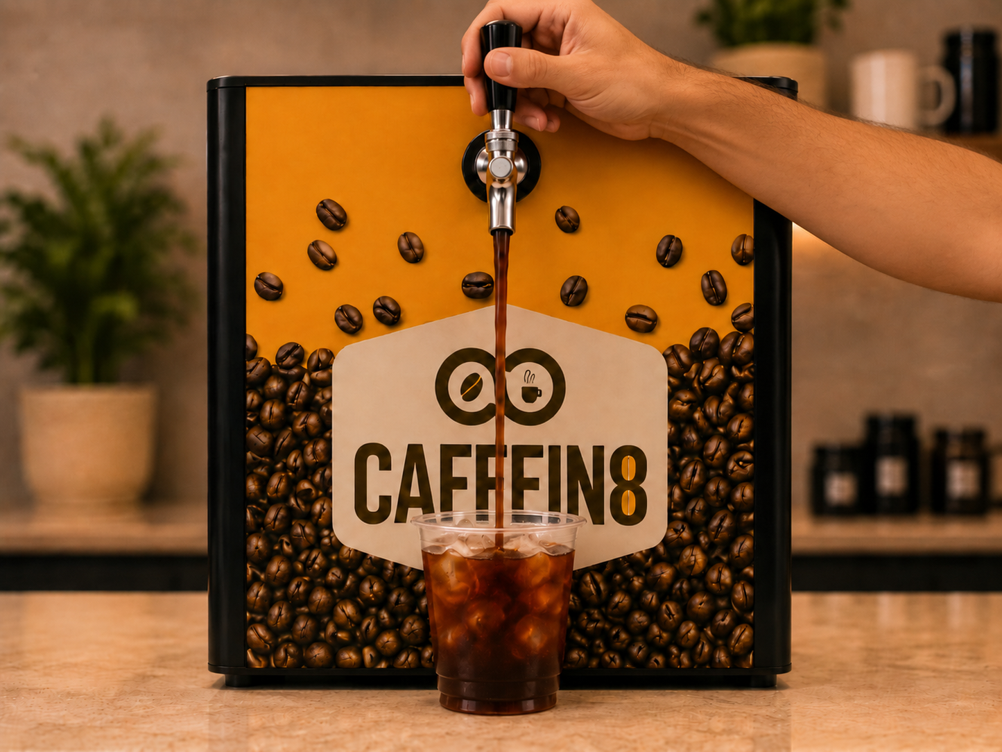 Hand pulling the CAFFEIN8 dispenser tap to pour cold brew over ice into a clear cup, front bean-infinity logo visible