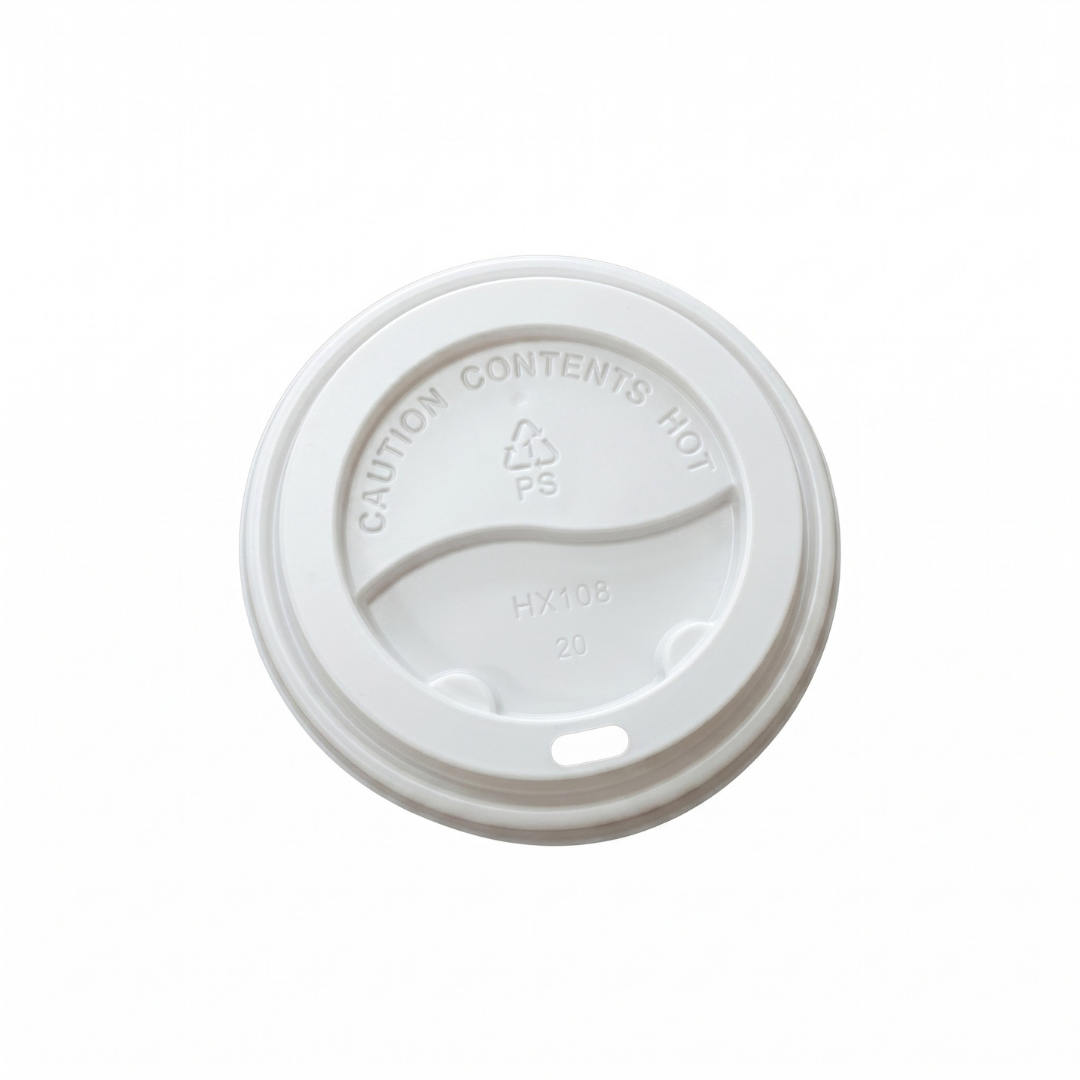 White hot coffee cup lid, model HX108, top-down studio view