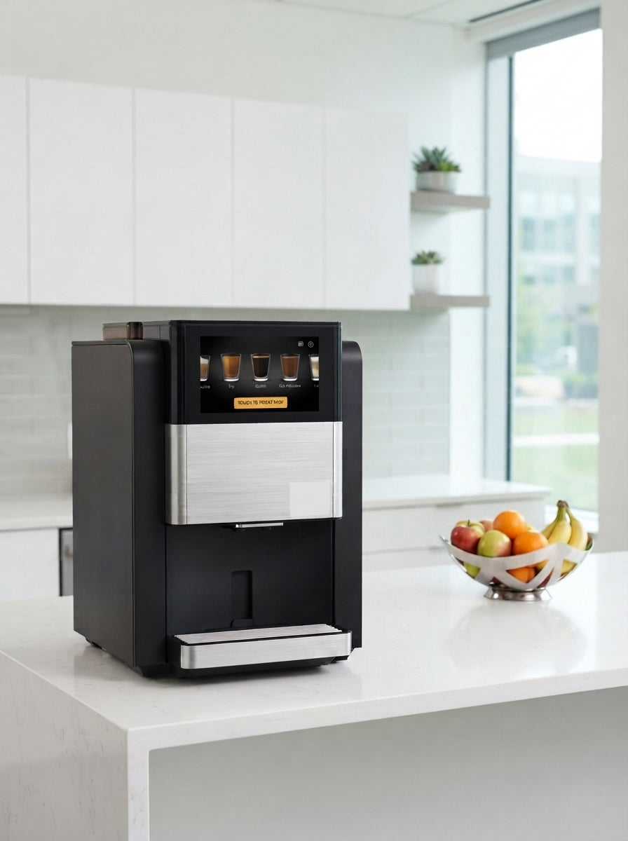 CAFFEIN8 black and stainless office coffee machine on a white counter in a bright office breakroom with a fruit bowl