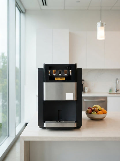 CAFFEIN8 black and stainless office coffee machine on a kitchen island in a bright modern office breakroom