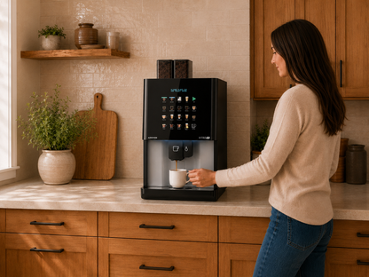 Person dispensing fresh coffee from a CAFFEIN8 bean-to-cup machine into a mug in a kitchen