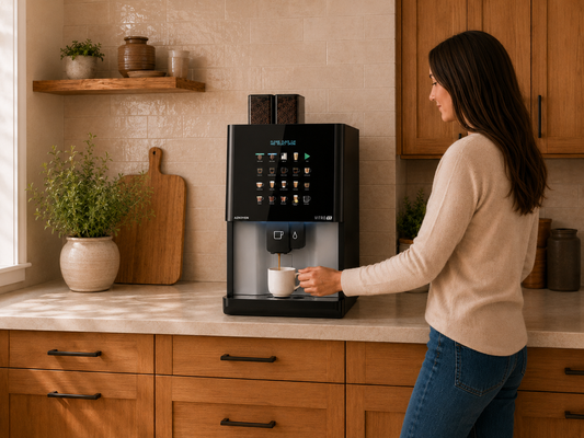 Person dispensing fresh coffee from a CAFFEIN8 bean-to-cup machine into a mug in a kitchen