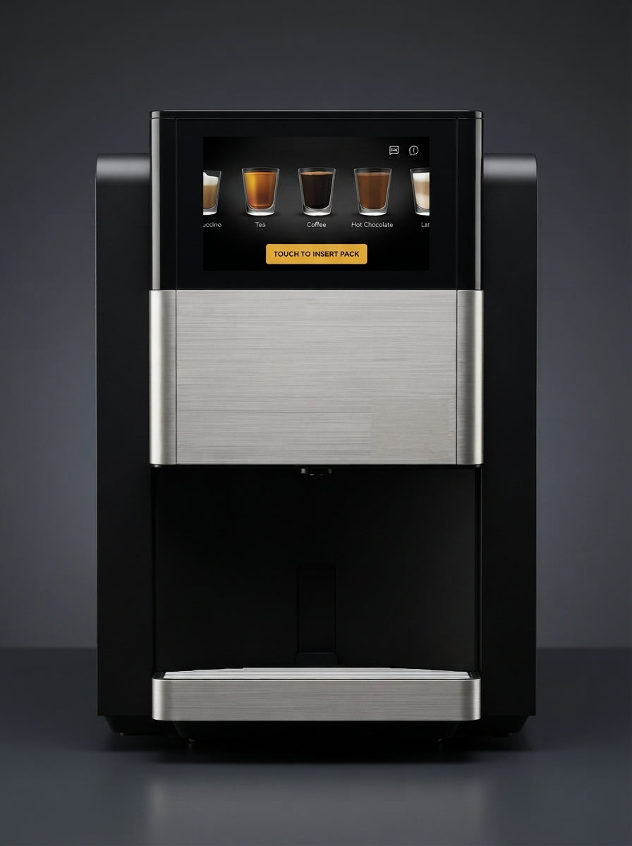 CAFFEIN8 black and stainless office coffee machine with touchscreen drink menu on a dark studio background