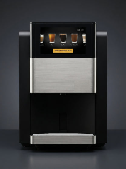 CAFFEIN8 black and stainless office coffee machine with touchscreen drink menu on a dark studio background