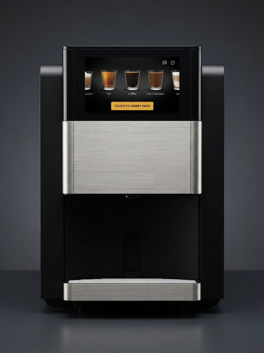 CAFFEIN8 black and stainless office coffee machine with touchscreen drink menu on a dark studio background