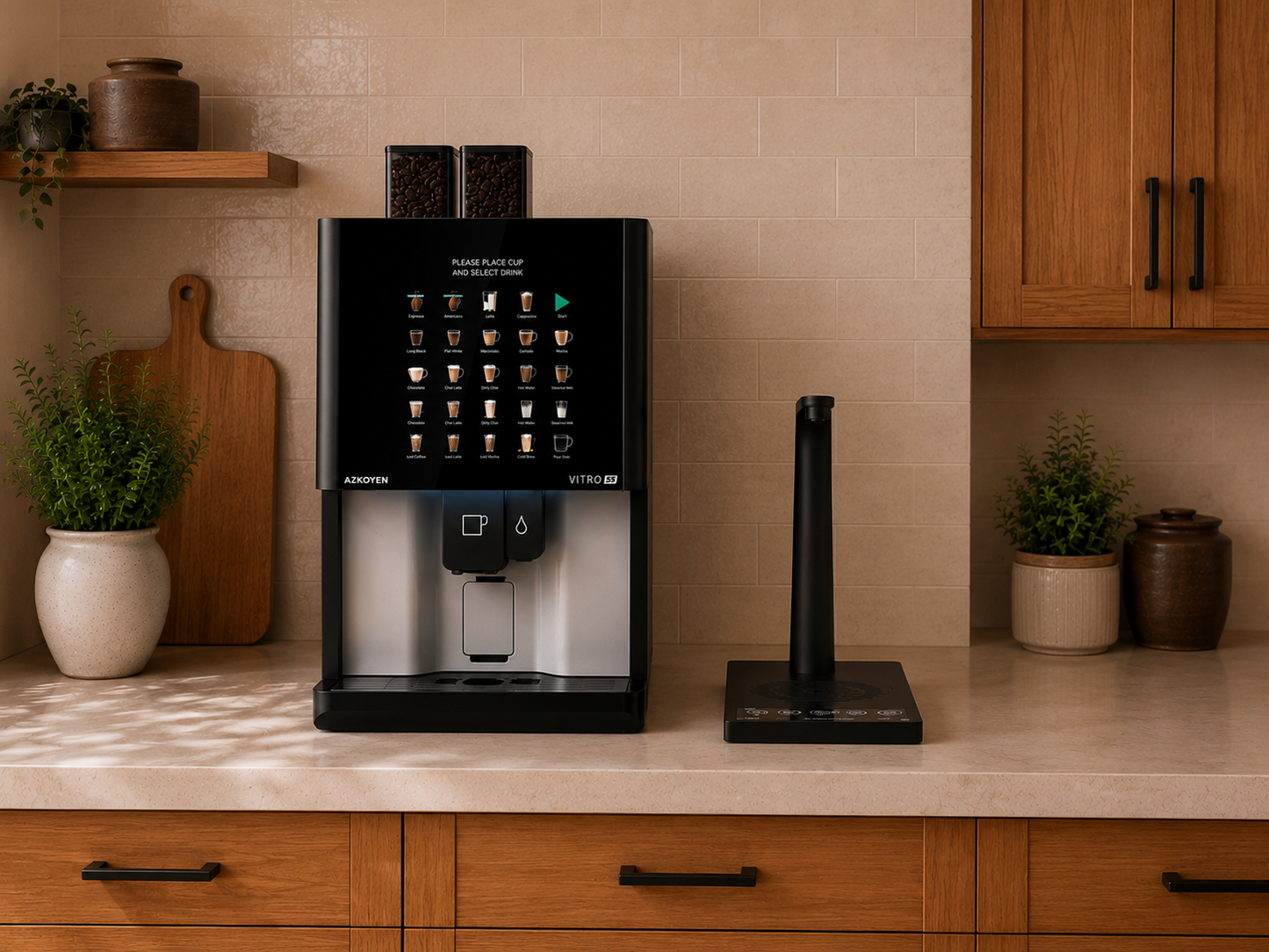 CAFFEIN8 bean-to-cup coffee machine beside a black countertop water tap in a workplace break room