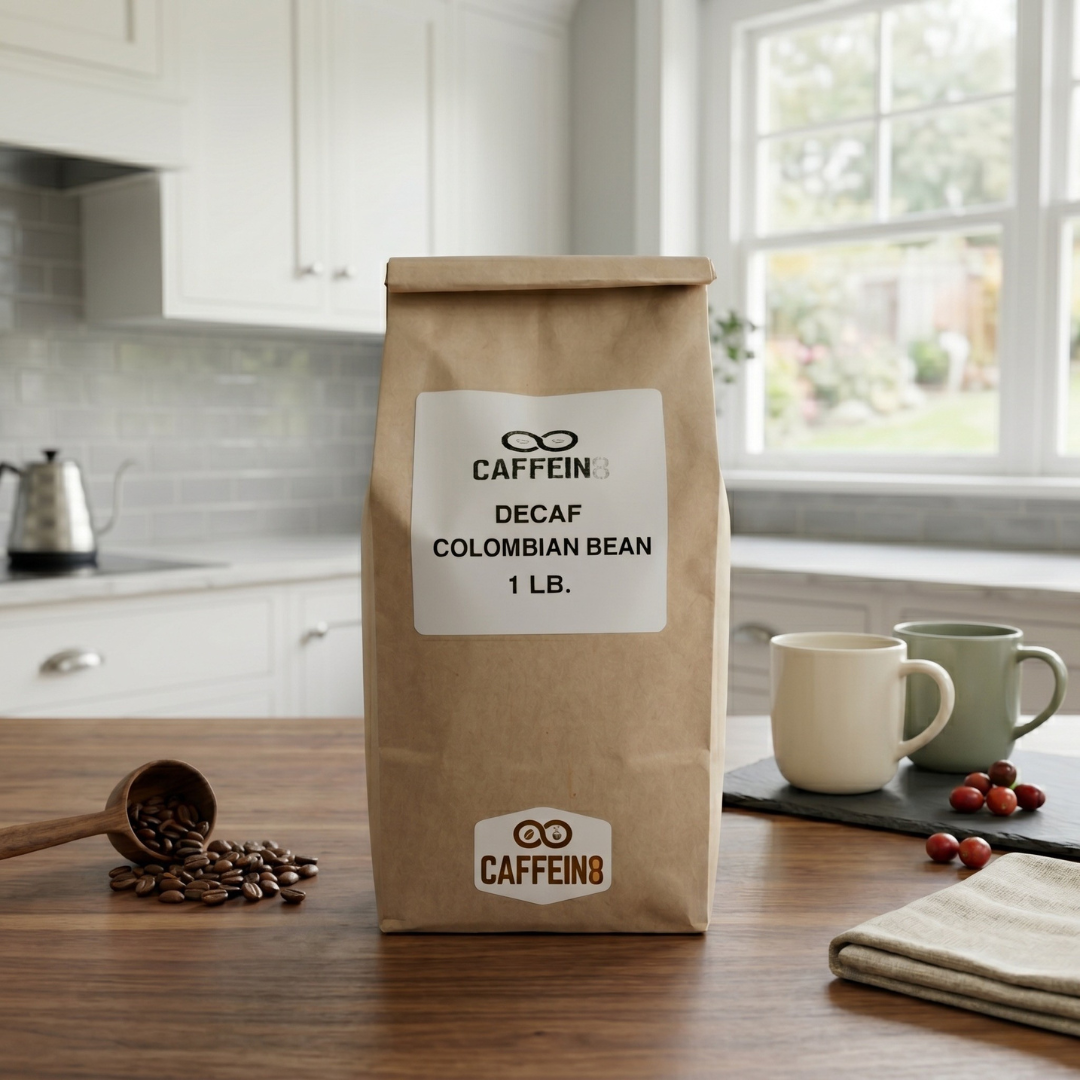 CAFFEIN8 Decaf Colombian Bean coffee, 1 lb kraft bag, on a kitchen counter with mugs and coffee beans