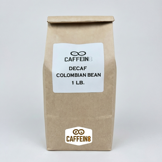 CAFFEIN8 Decaf Colombian Bean coffee, 1 lb kraft bag, studio view on white background
