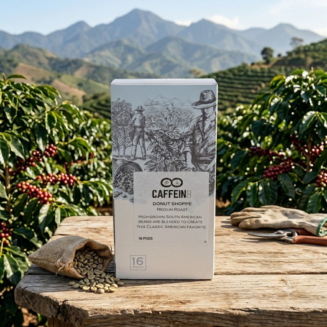 CAFFEIN8 Donut Shoppe coffee pods box on a wooden table with a coffee plantation and mountains behind it