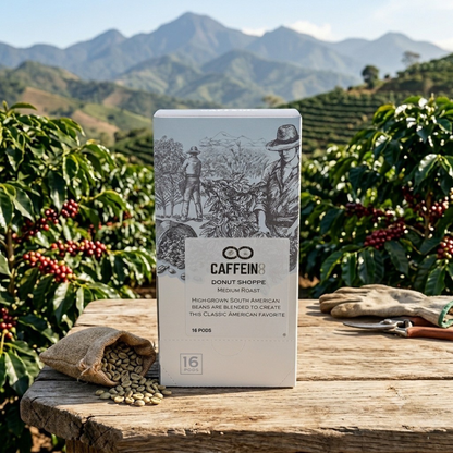 CAFFEIN8 Donut Shoppe coffee pods box on a wooden table with a coffee plantation and mountains behind it