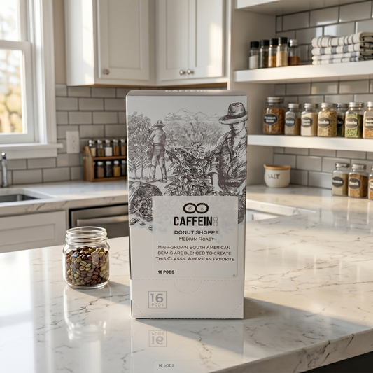 CAFFEIN8 Donut Shoppe coffee pods box on a marble kitchen counter with a jar of coffee beans