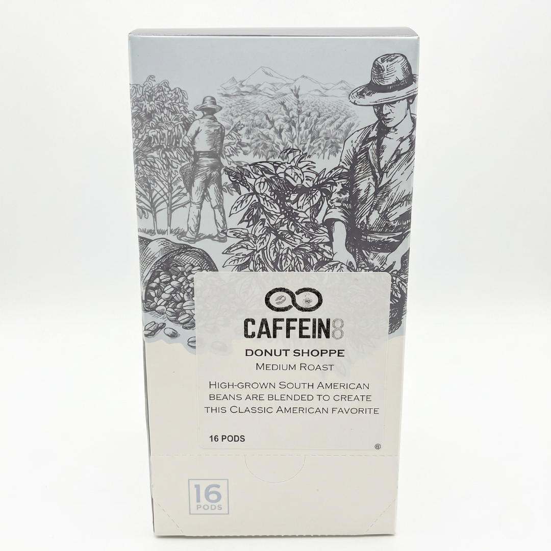CAFFEIN8 Donut Shoppe medium roast coffee, box of 16 pods, front of box