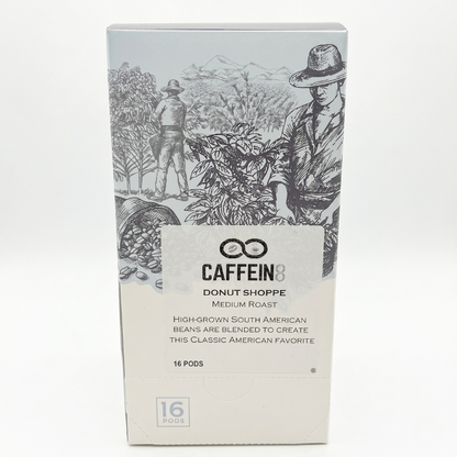 CAFFEIN8 Donut Shoppe medium roast coffee, box of 16 pods, front of box