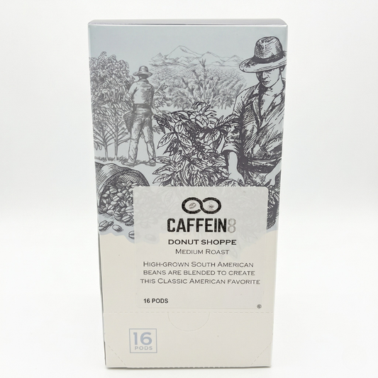 CAFFEIN8 Donut Shoppe medium roast coffee, box of 16 pods, front of box