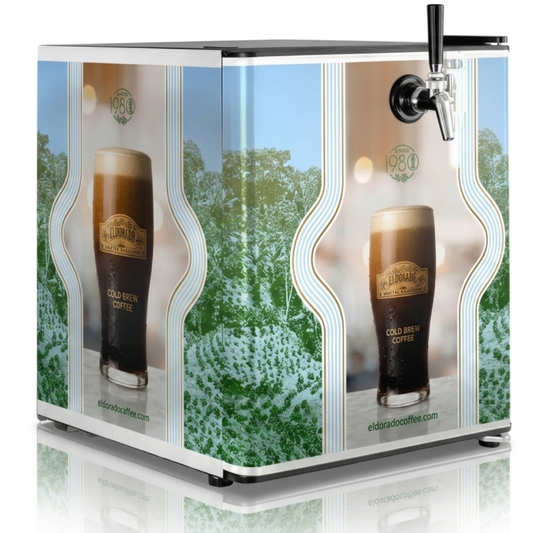 CAFFEIN8 Eldorado Cold Brew Coffee 3 gallon tap dispenser angled studio shot with stainless faucet