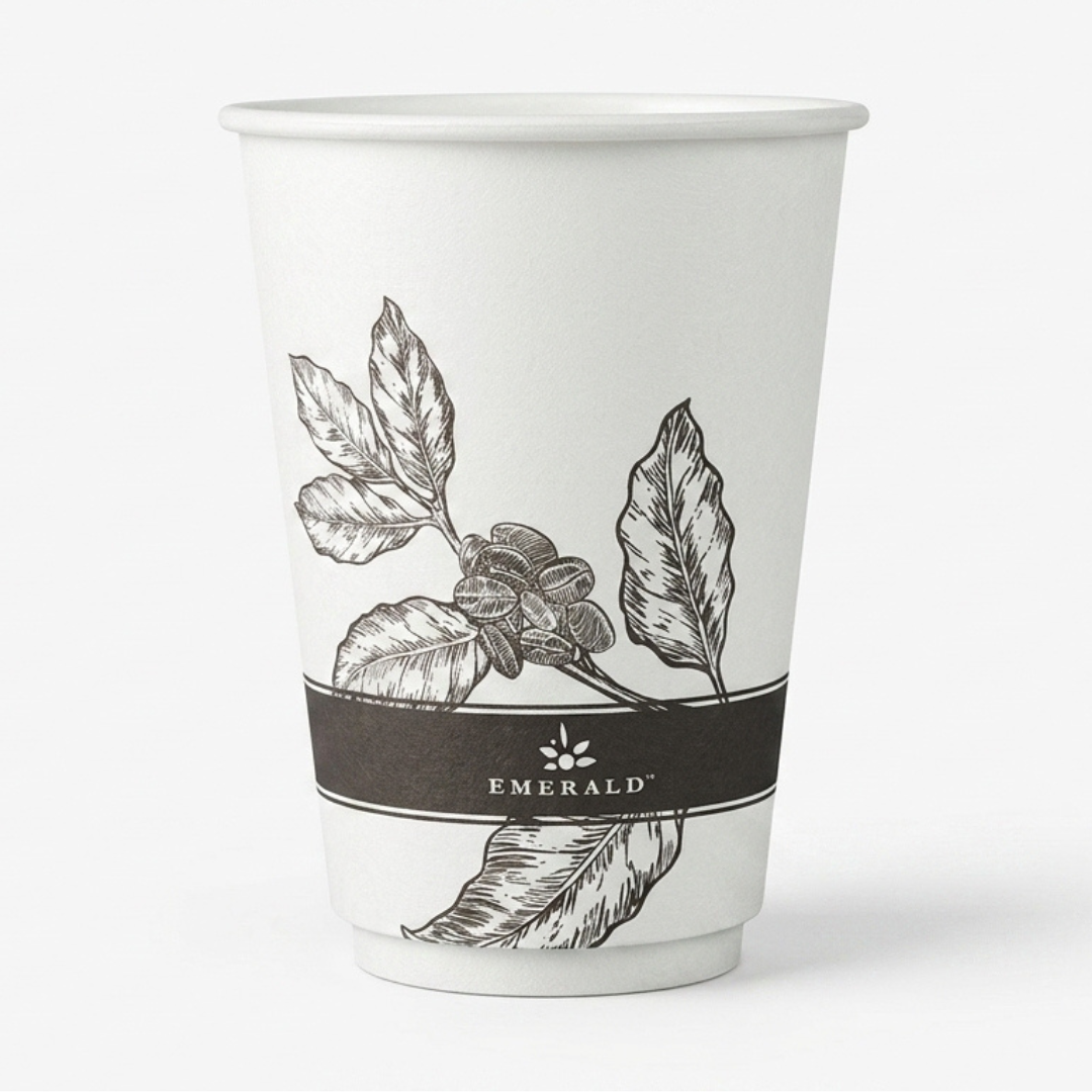 CAFFEIN8 Emerald 12oz double wall FSC certified hot cup with botanical coffee plant design for workplace breakrooms