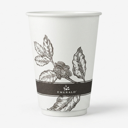 CAFFEIN8 Emerald 12oz double wall FSC certified hot cup with botanical coffee plant design for workplace breakrooms