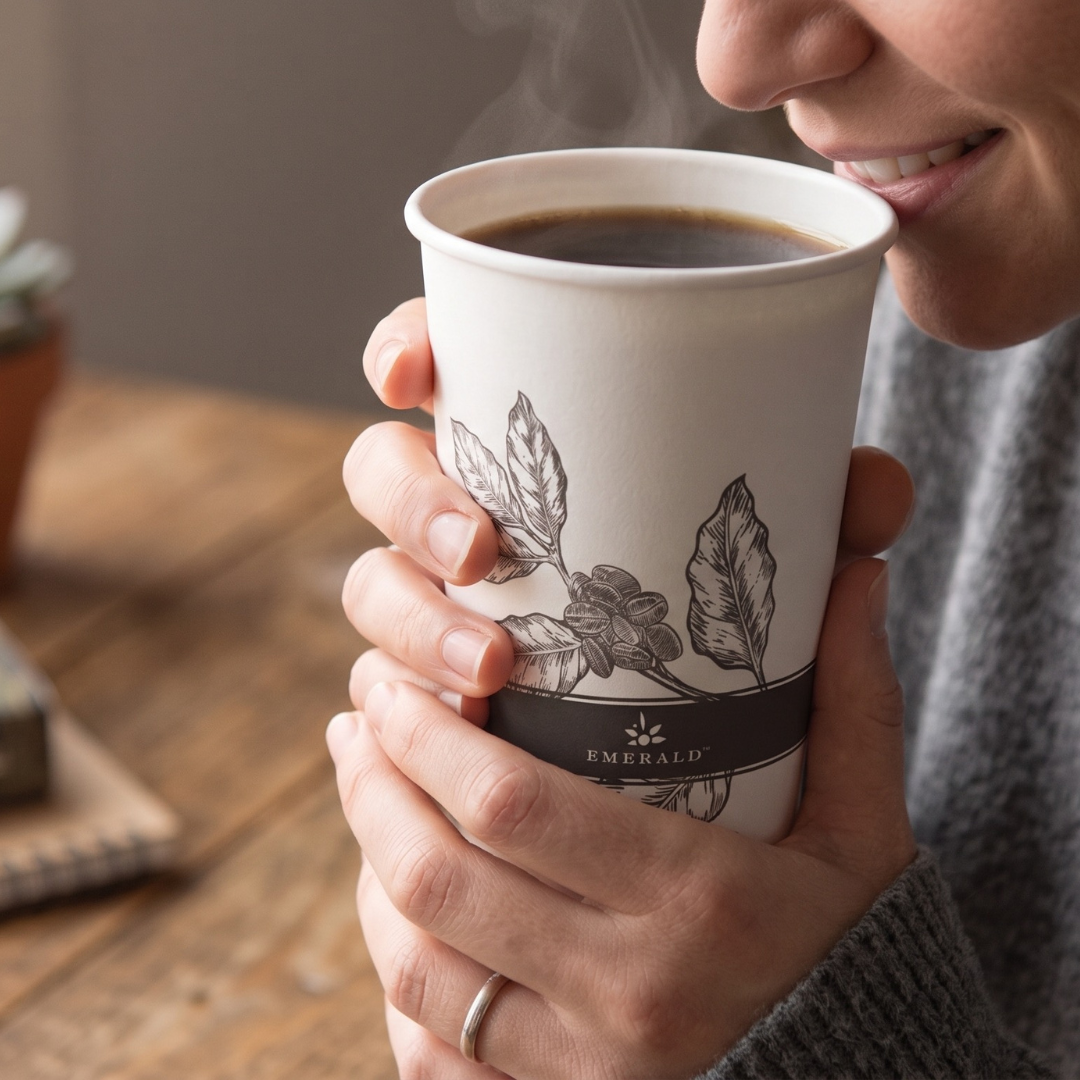 Person enjoying coffee in a CAFFEIN8 Emerald 12oz double wall FSC certified hot cup at the office