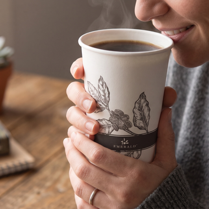 Person enjoying coffee in a CAFFEIN8 Emerald 12oz double wall FSC certified hot cup at the office