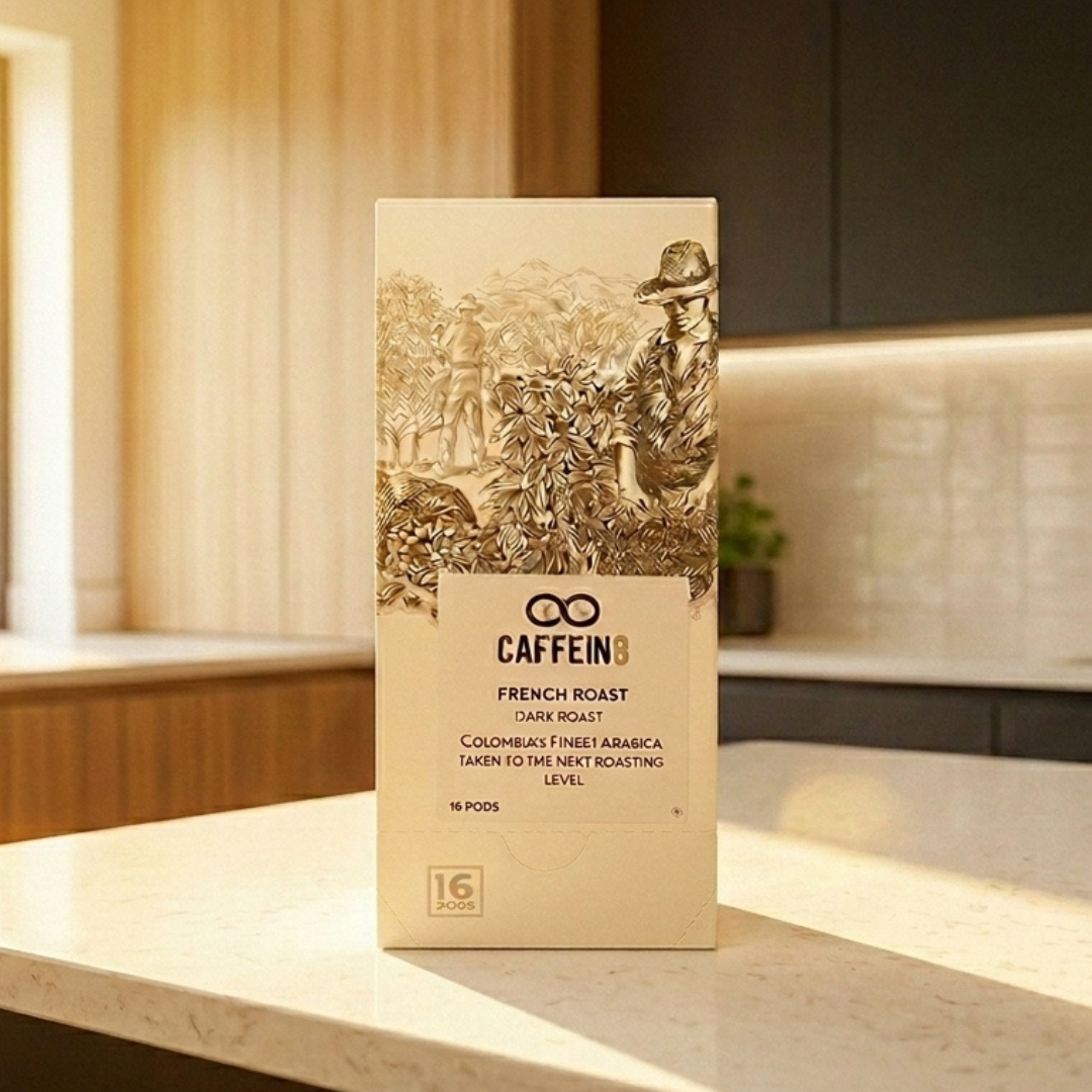 CAFFEIN8 French Roast dark roast coffee pods, 16-pod box on a modern kitchen counter in warm natural light