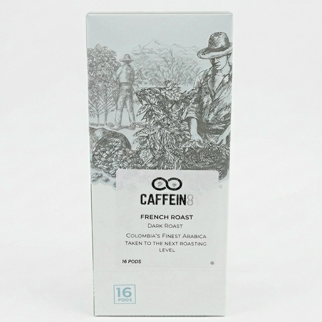 CAFFEIN8 French Roast dark roast coffee pods, 16-pod box, Colombia's finest Arabica, front of package on white background