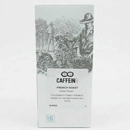 CAFFEIN8 French Roast dark roast coffee pods, 16-pod box, Colombia's finest Arabica, front of package on white background