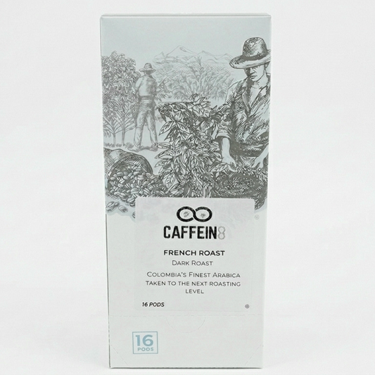 CAFFEIN8 French Roast dark roast coffee pods, 16-pod box, Colombia's finest Arabica, front of package on white background