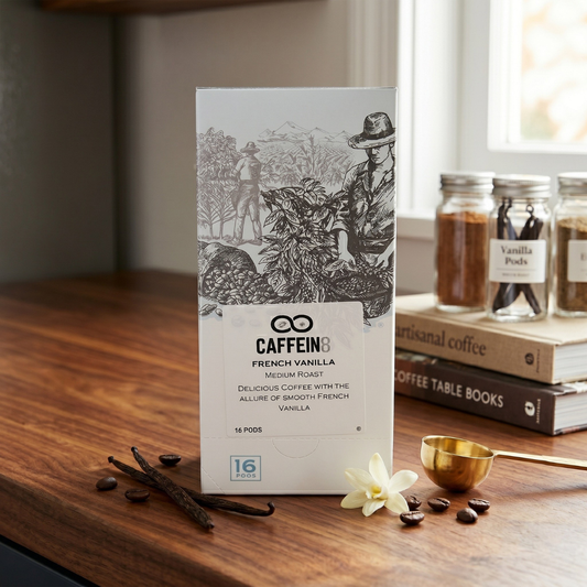 CAFFEIN8 French Vanilla coffee pods box on a kitchen counter with vanilla beans, coffee beans, and a gold scoop