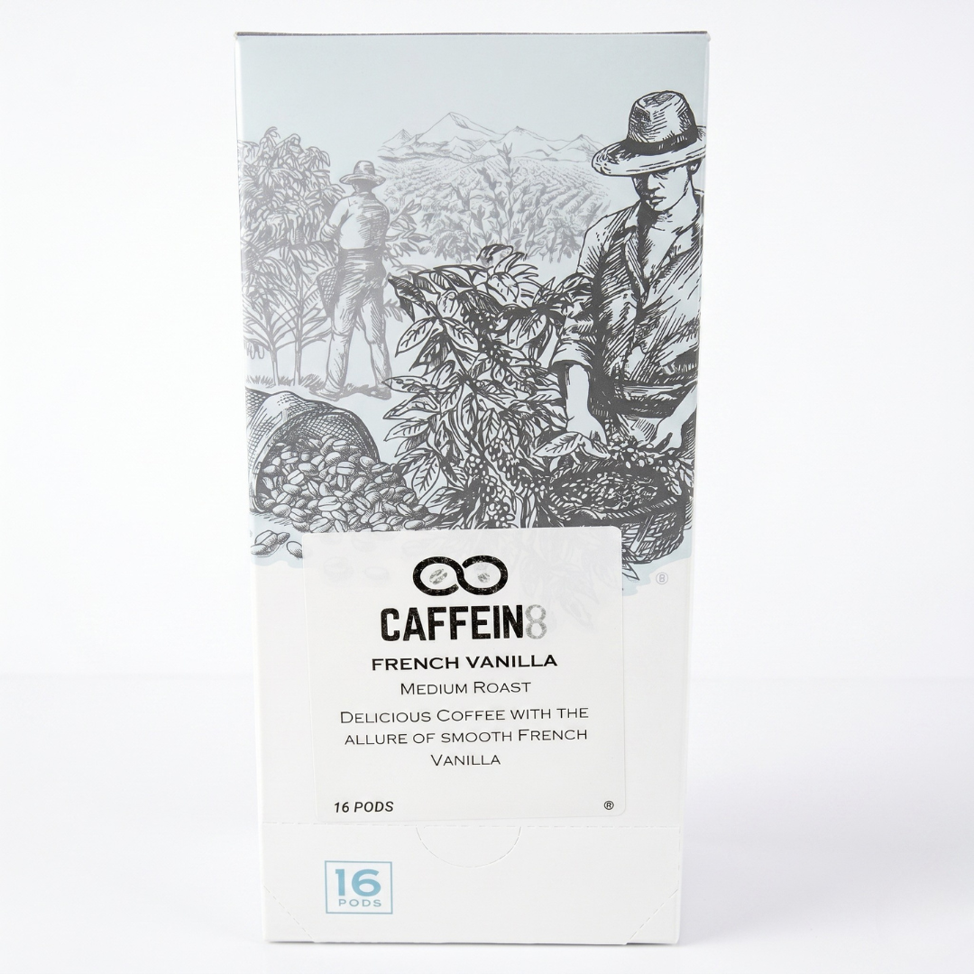 CAFFEIN8 French Vanilla medium roast coffee, box of 16 pods, front of box