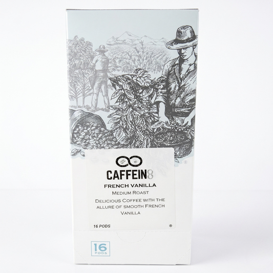 CAFFEIN8 French Vanilla medium roast coffee, box of 16 pods, front of box
