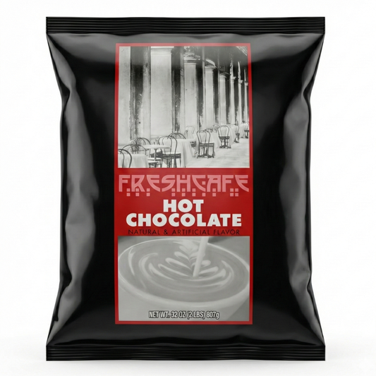 CAFFEIN8 Hot Chocolate Mix Powder 2 lb bag on a white background, black pouch with red label showing net weight 32 oz for workplace breakroom beverage stations