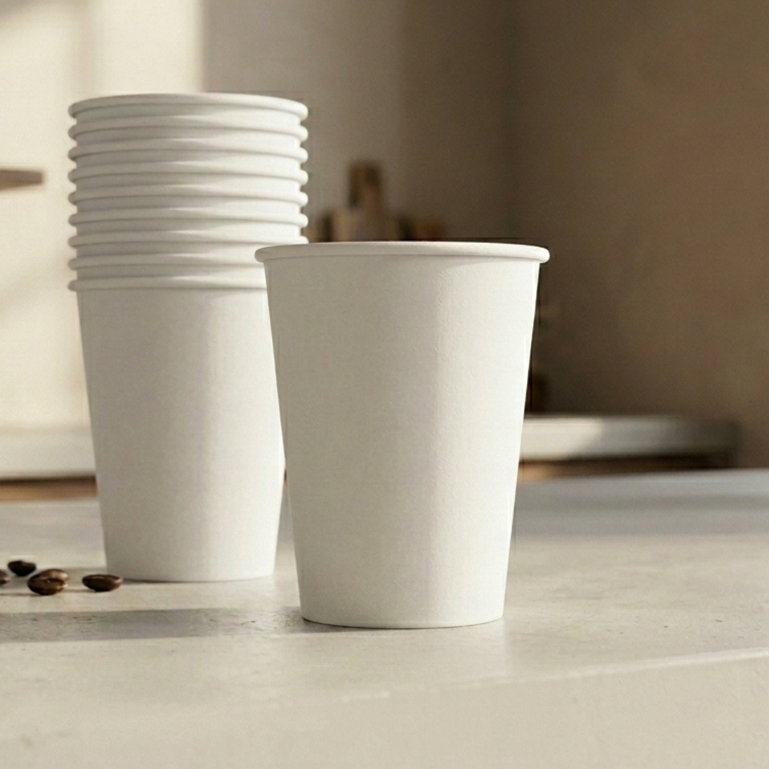 Stack of CAFFEIN8 10oz white FSC tree-free hot cups for workplace coffee service