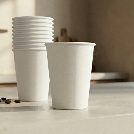 Stack of CAFFEIN8 10oz white FSC tree-free hot cups for workplace coffee service