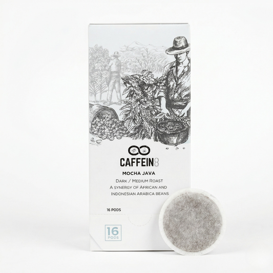 CAFFEIN8 Mocha Java coffee pod box, 16 pods, dark medium roast Arabica, with a single soft pod shown on a clean white background
