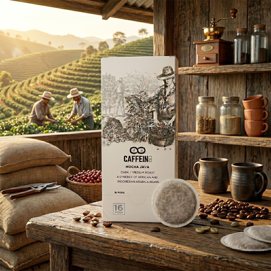 CAFFEIN8 Mocha Java pod box on a rustic wooden table with coffee farm terraces and harvesters in the background, evoking the origin of the African and Indonesian Arabica blend