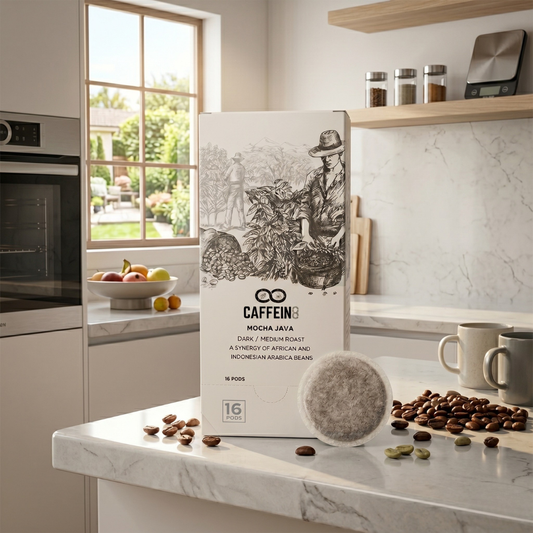 CAFFEIN8 Mocha Java pod box on a marble countertop in a bright modern kitchen, surrounded by roasted coffee beans and two ceramic mugs