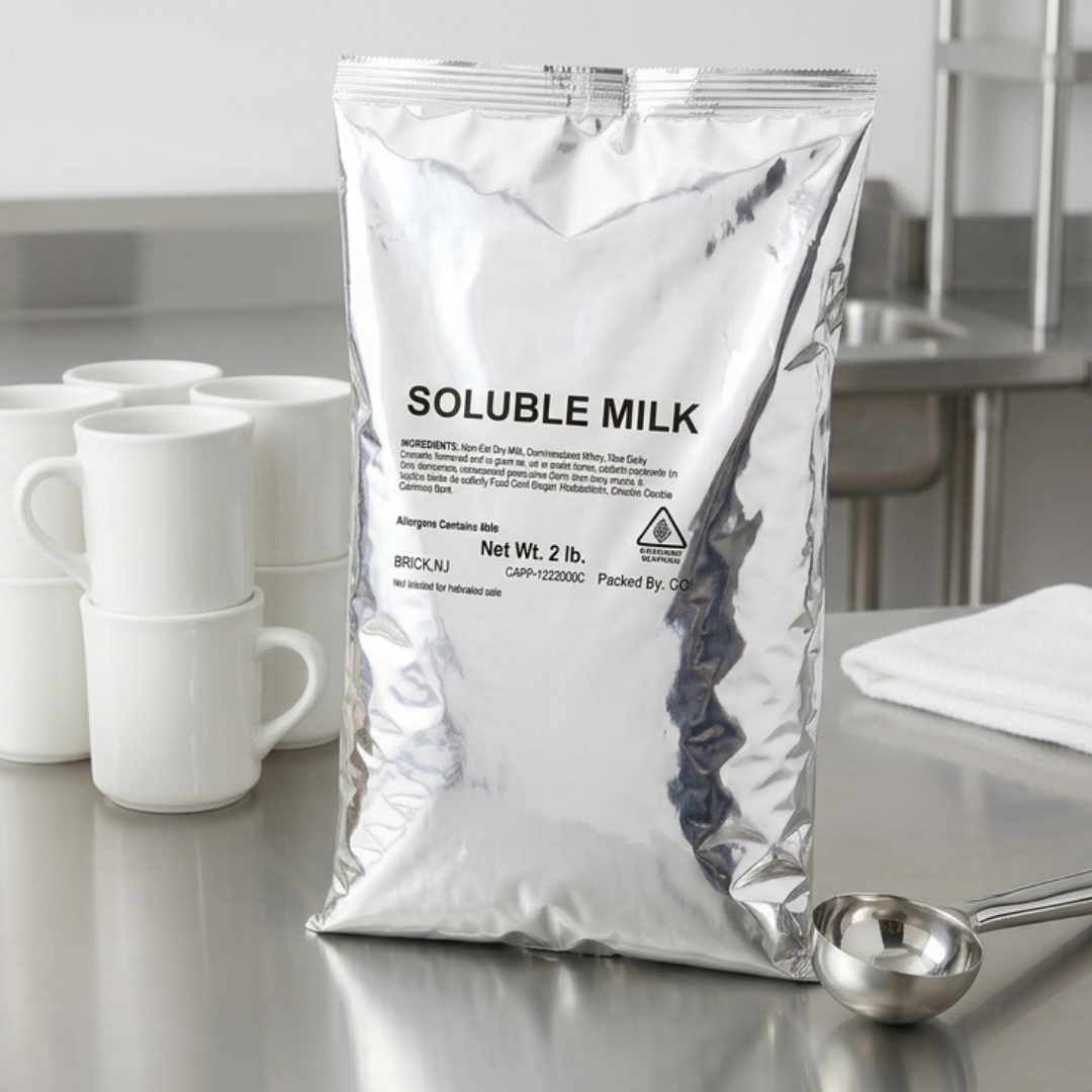 CAFFEIN8 Original Powdered Milk 2 lb bag on a breakroom counter with coffee mugs and measuring scoop