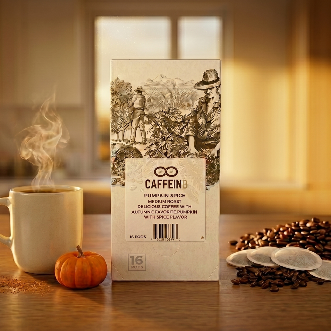 CAFFEIN8 Pumpkin Spice coffee pods box on wooden counter with steaming mug, mini pumpkin, coffee beans, and pods in warm autumn light