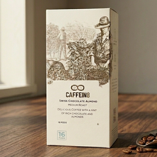 CAFFEIN8 Swiss Chocolate Almond medium roast coffee pods 16 count box on wood table with scattered coffee beans