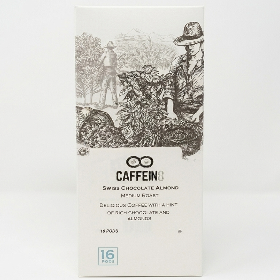 CAFFEIN8 Swiss Chocolate Almond medium roast coffee pods 16 count box front studio shot on white background