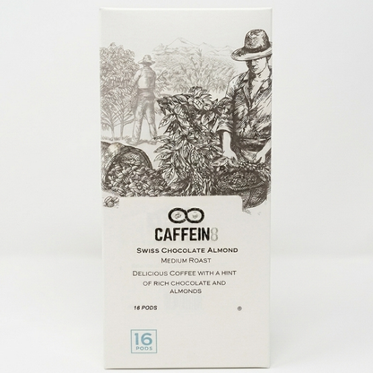 CAFFEIN8 Swiss Chocolate Almond medium roast coffee pods 16 count box front studio shot on white background
