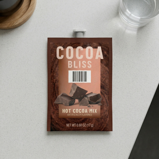 Cocoa Bliss Hot Cocoa single-serve freshpack on white countertop, 72 per case