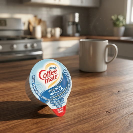 offee mate French Vanilla creamer cup on a wood counter with a steaming mug of coffee in the background