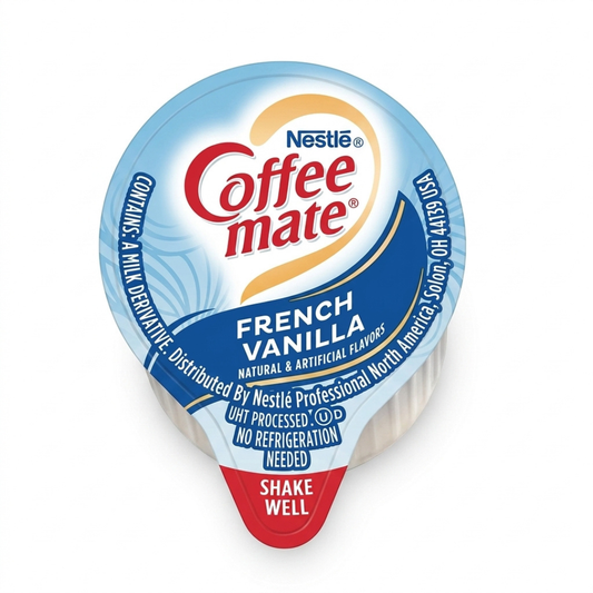 Coffee mate French Vanilla single-serve liquid creamer cup on a white background