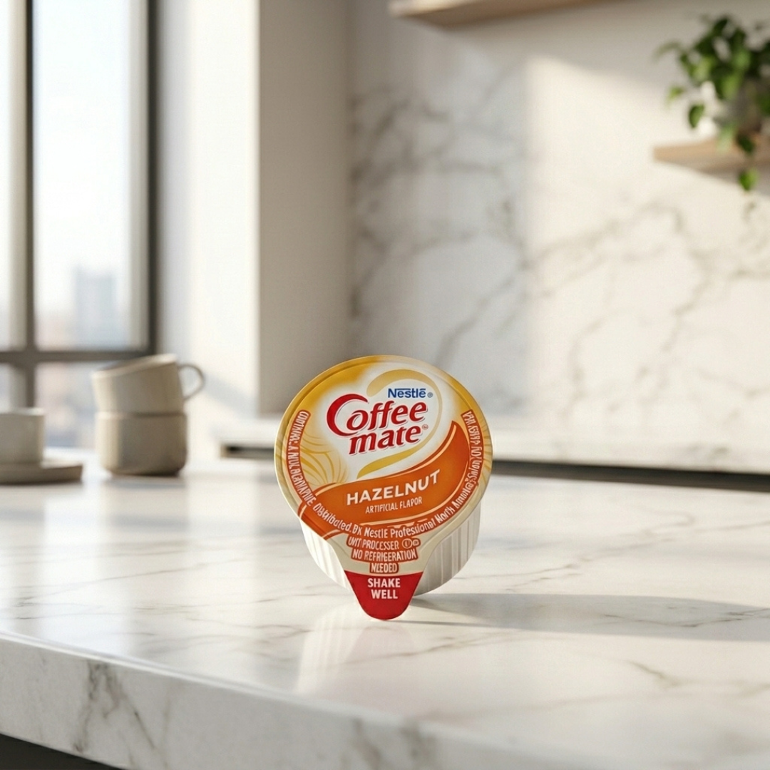 Coffee mate Hazelnut liquid creamer cup on a white marble counter in a bright modern breakroom with stacked mugs in the background